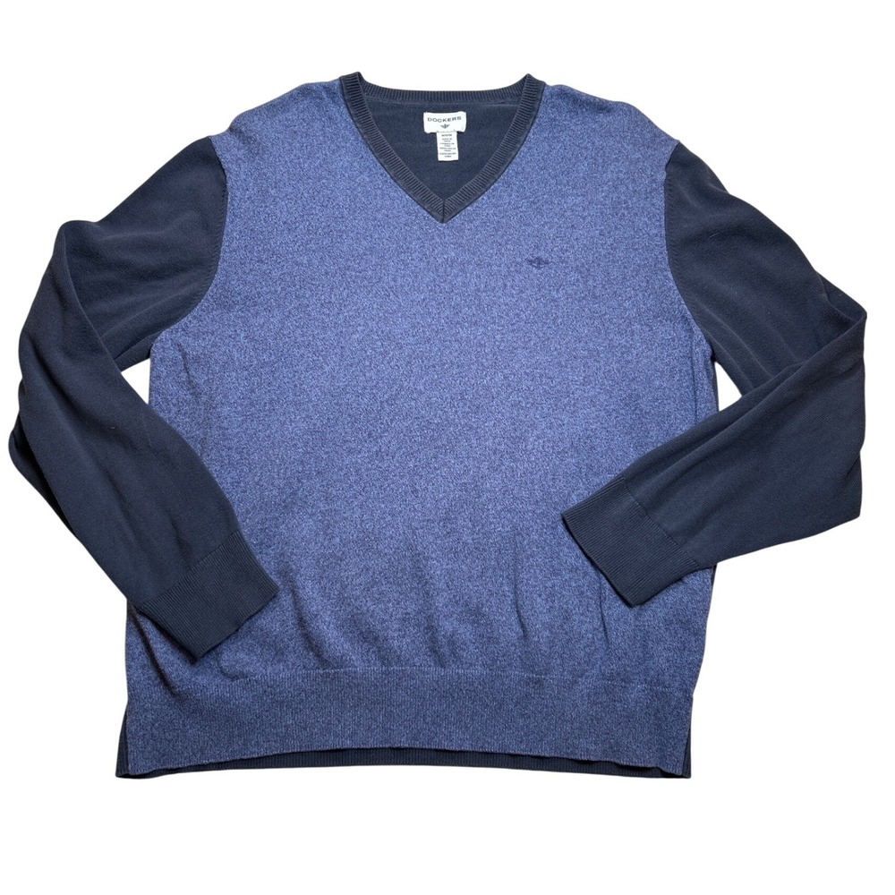 Dockers Mens V-Neck Sweater Blue Colorblock Heathered 100%‎ Cotton Size Medium